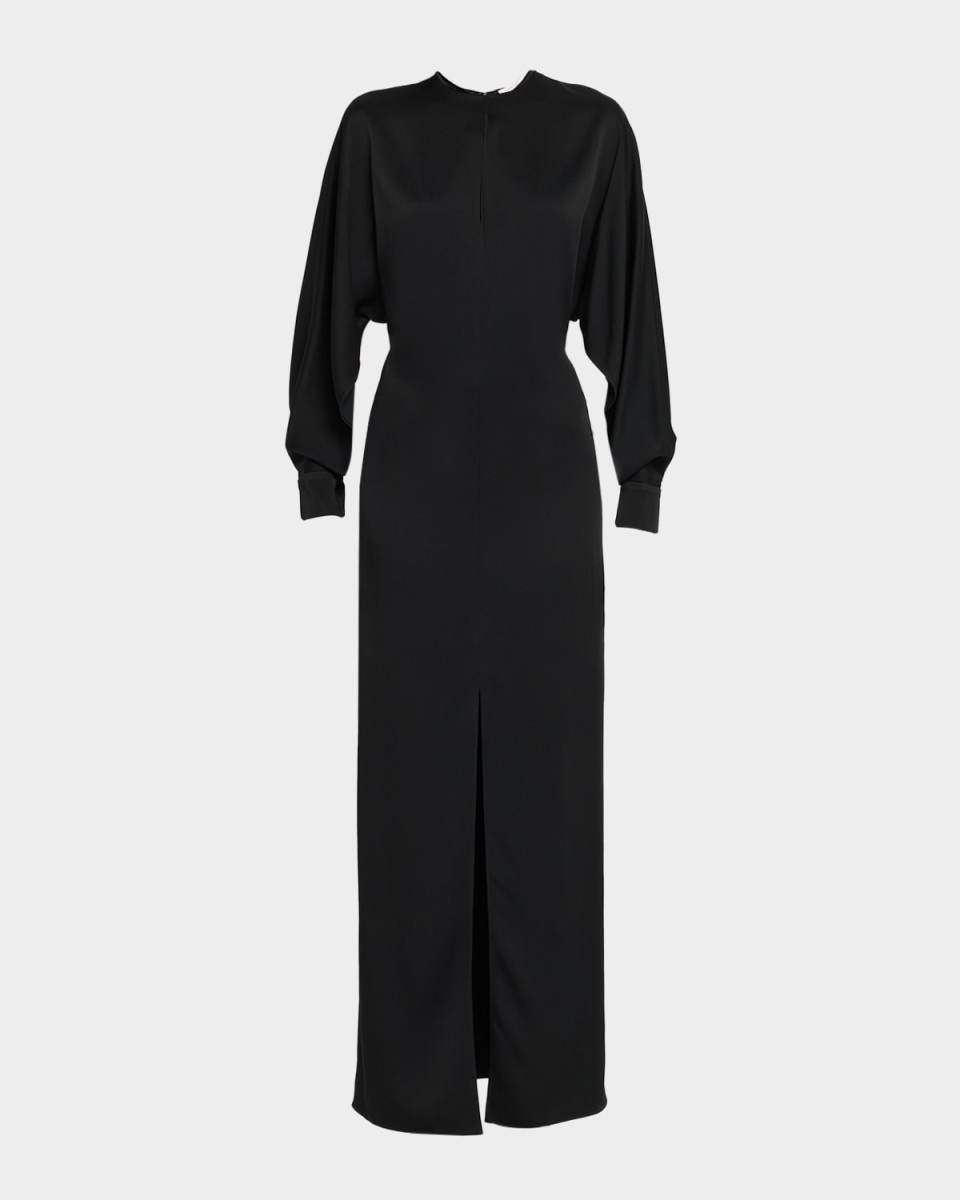 Slit Long-Sleeve Satin Gown